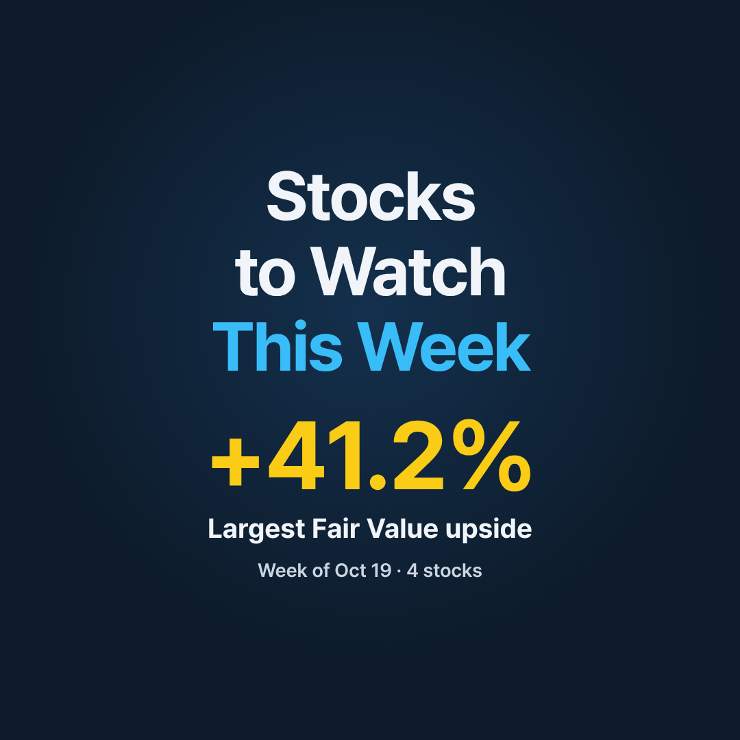 Card 1/8. Cover: Stocks to Watch This Week, largest Fair Value upside +41.2%. Source: InvestingPro